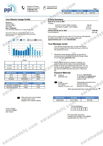 USA Philadelphia PPL utility bill template in Word and PDF format